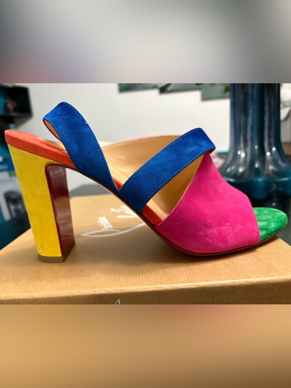 Christian Louboutin Multicolor Suede Slide Heel — Pink, Blue & Yellow